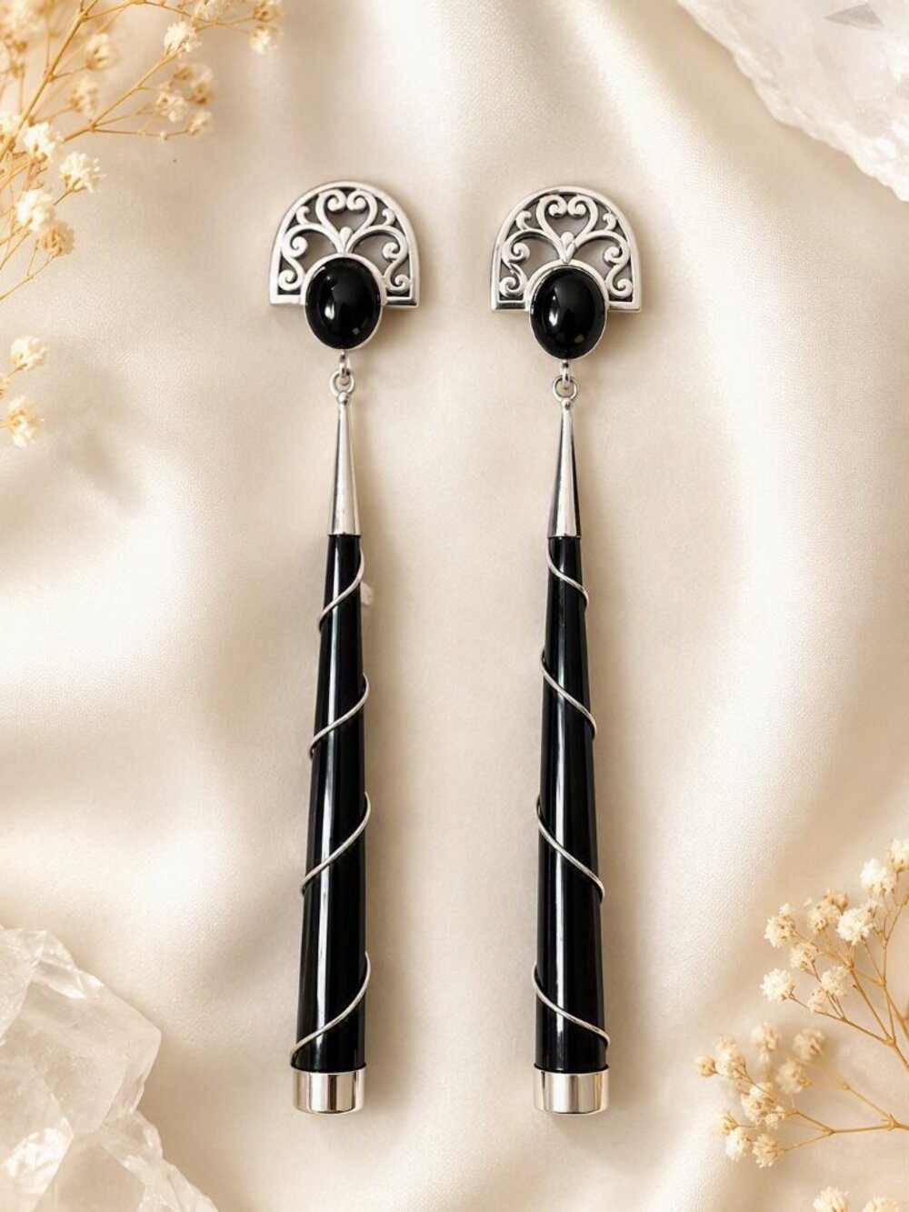 VTG 80s TASO 925 Sterling Silver Black Onyx Lucite Art Deco Dangle Earrings 5”